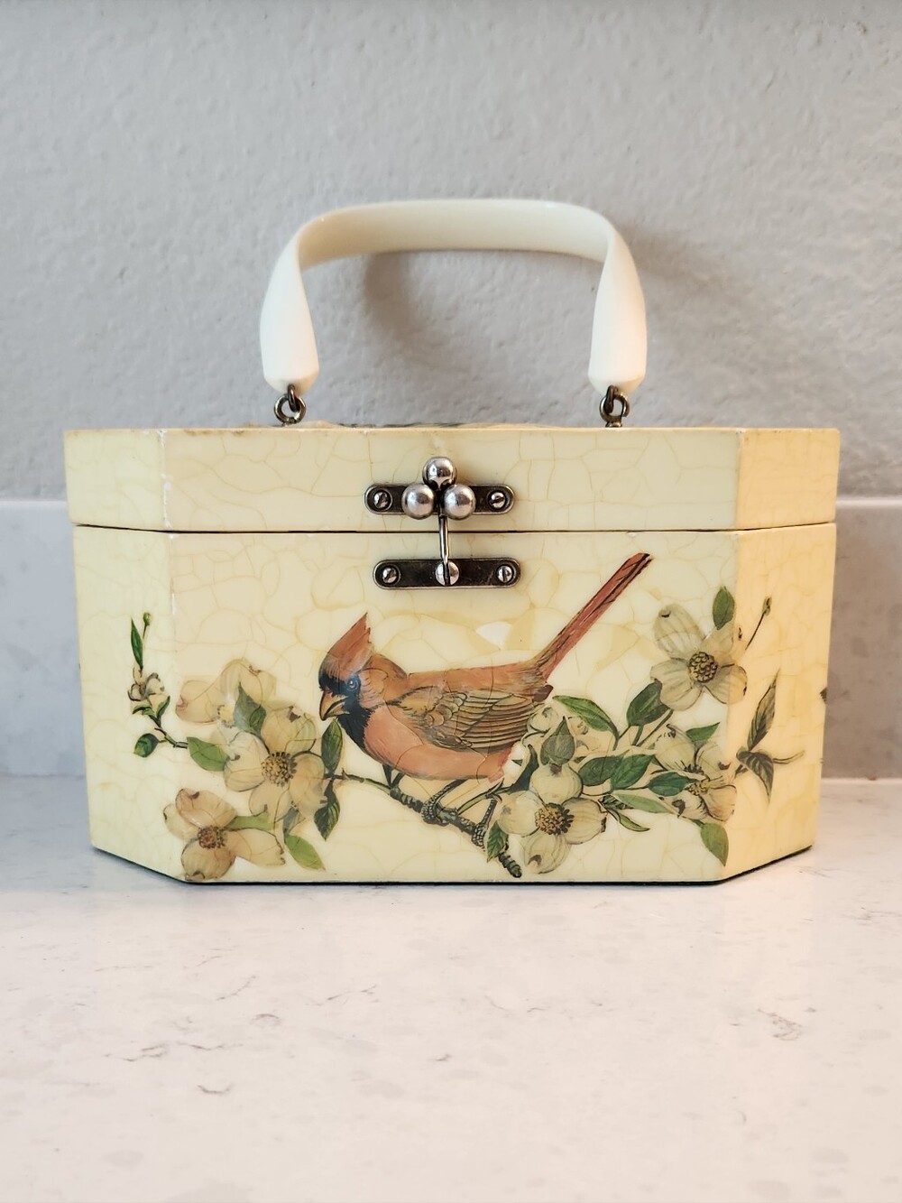 Ivory Bird Floral Jewelry Box with Handle
